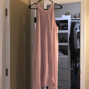 Light pink body on dress with long sheer overlay